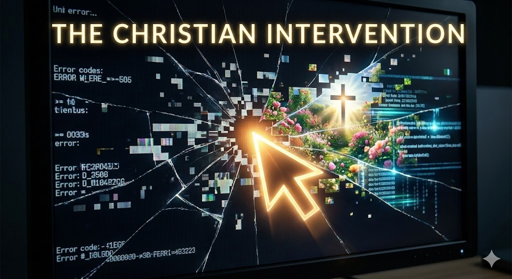 Visual: A split computer display—one side dark and glitchy (representing the human compliance error), the other side touched and restored by a glowing golden cursor (symbolizing the Christian intervention).